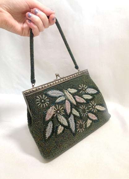 Vintage beaded kimono handbag - 2-way dark green florals