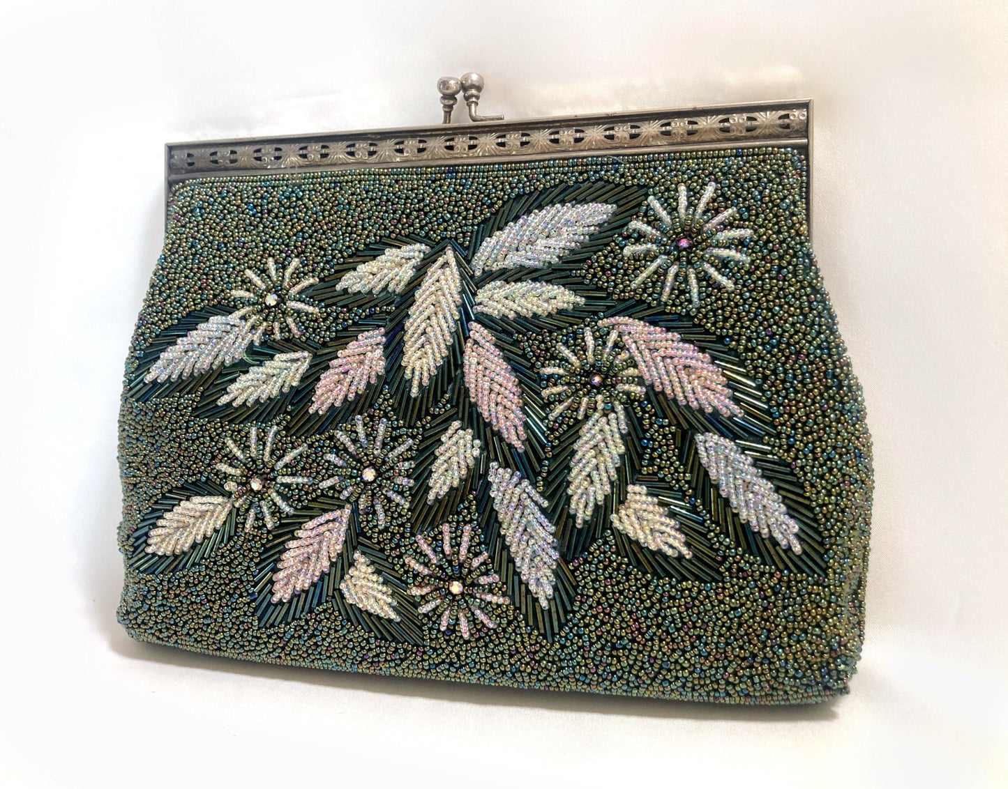 Vintage beaded kimono handbag - 2-way dark green florals