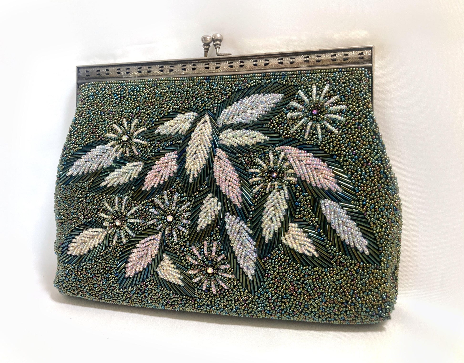 Vintage beaded kimono handbag - 2-way dark green florals