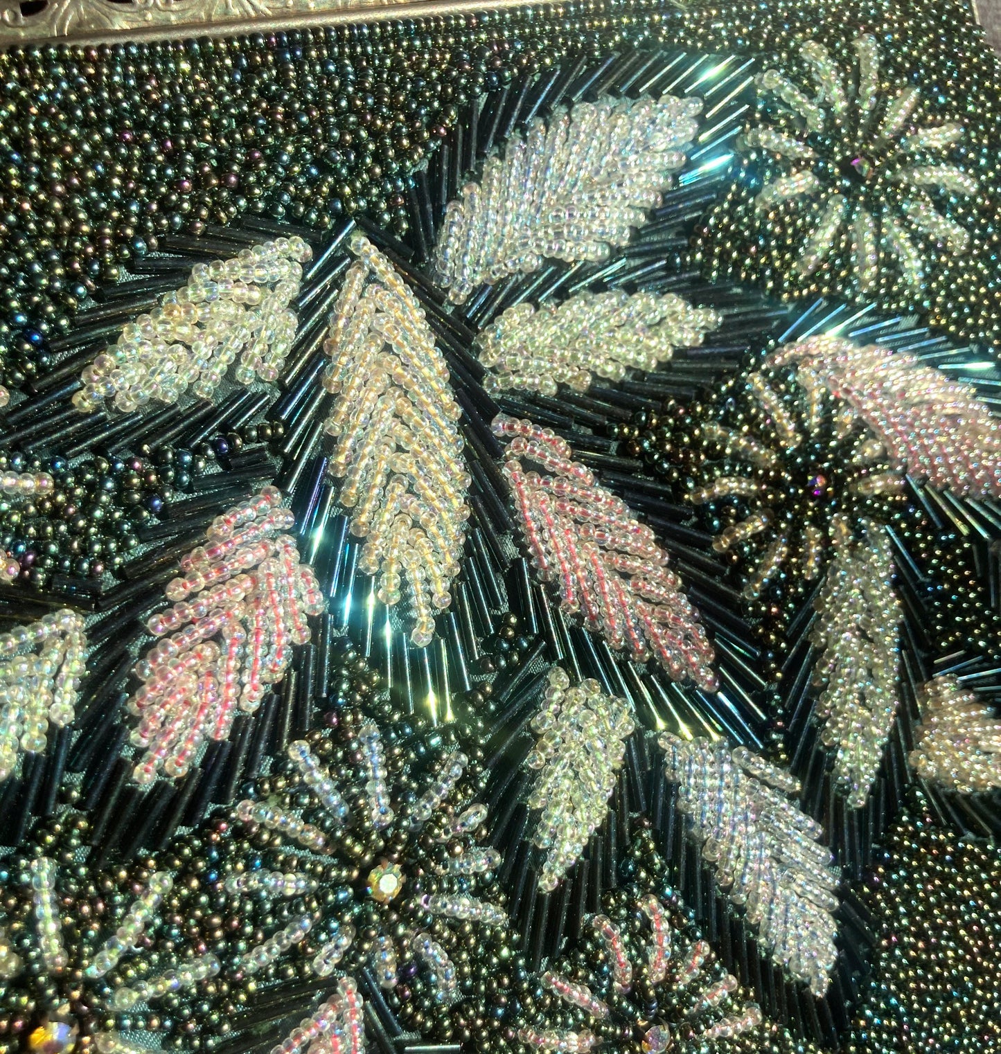 Vintage beaded kimono handbag - 2-way dark green florals