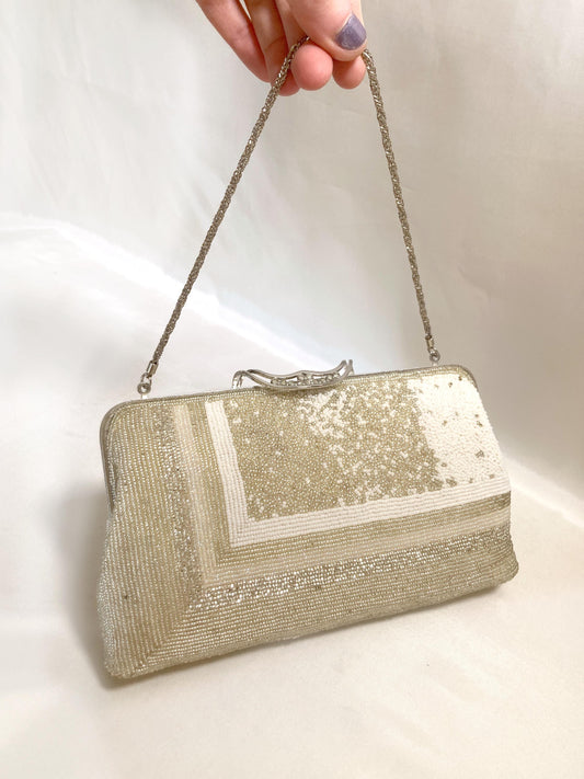 Vintage beaded kimono handbag - 2-way silver and white with rhinestone accents