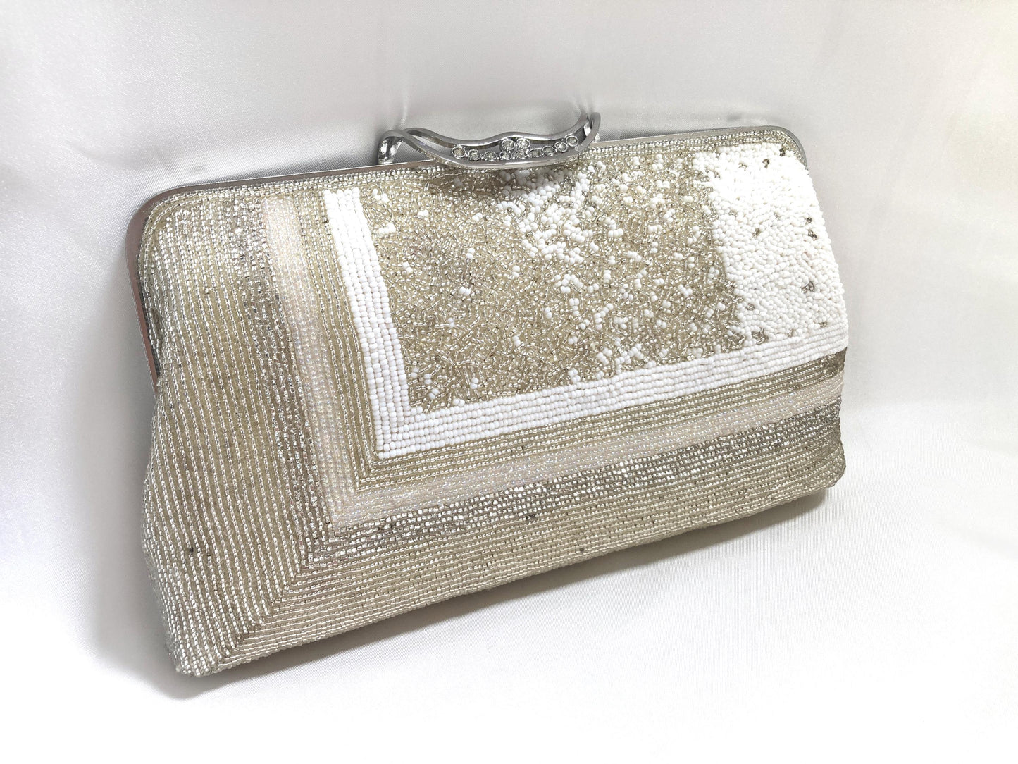Vintage beaded kimono handbag - 2-way silver and white with rhinestone accents