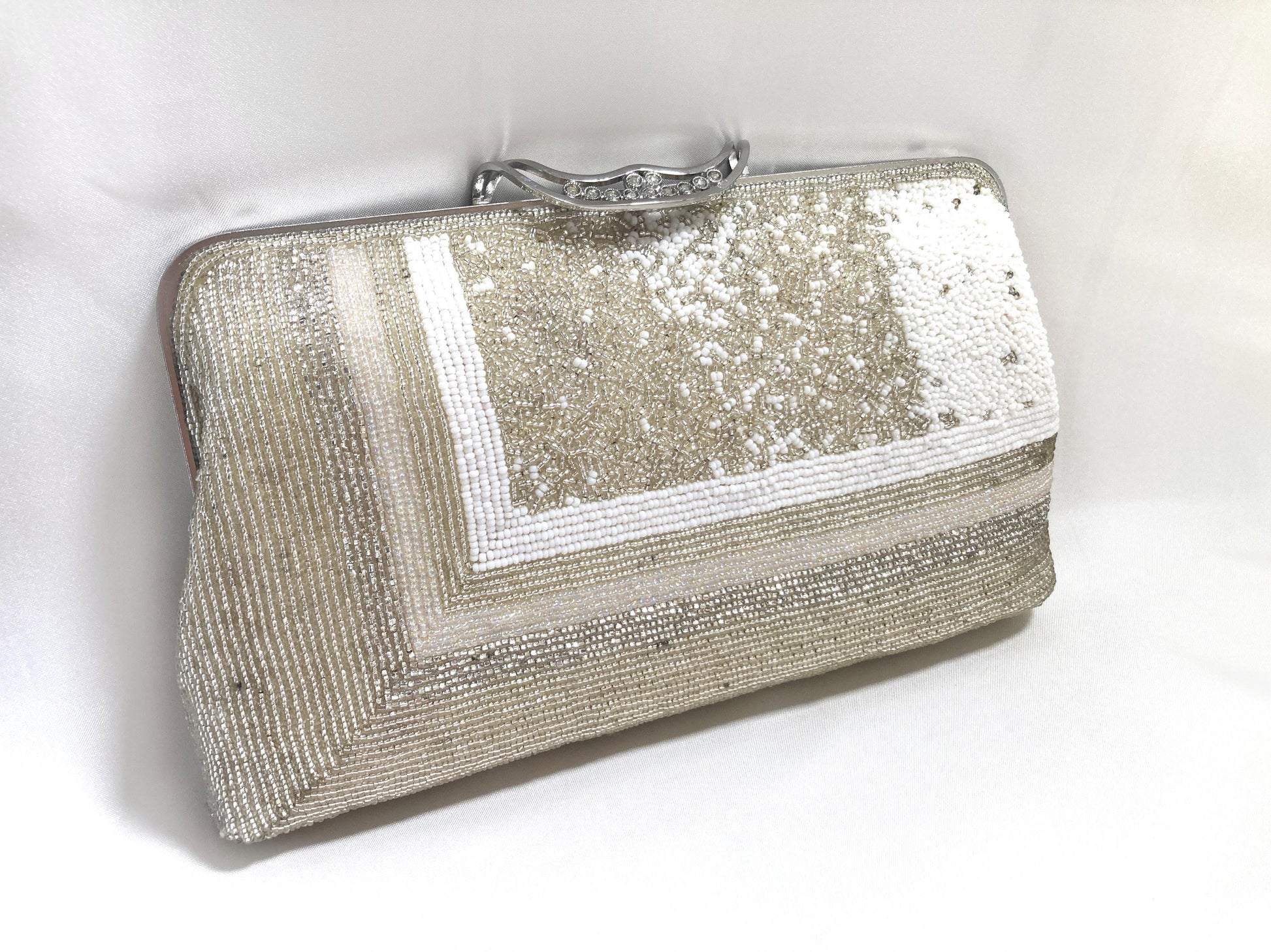 Vintage beaded kimono handbag - 2-way silver and white with rhinestone accents