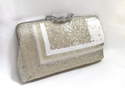 Vintage beaded kimono handbag - 2-way silver and white with rhinestone accents