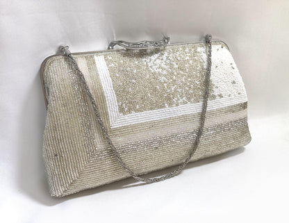 Vintage beaded kimono handbag - 2-way silver and white with rhinestone accents