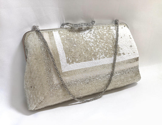 Vintage beaded kimono handbag - 2-way silver and white with rhinestone accents
