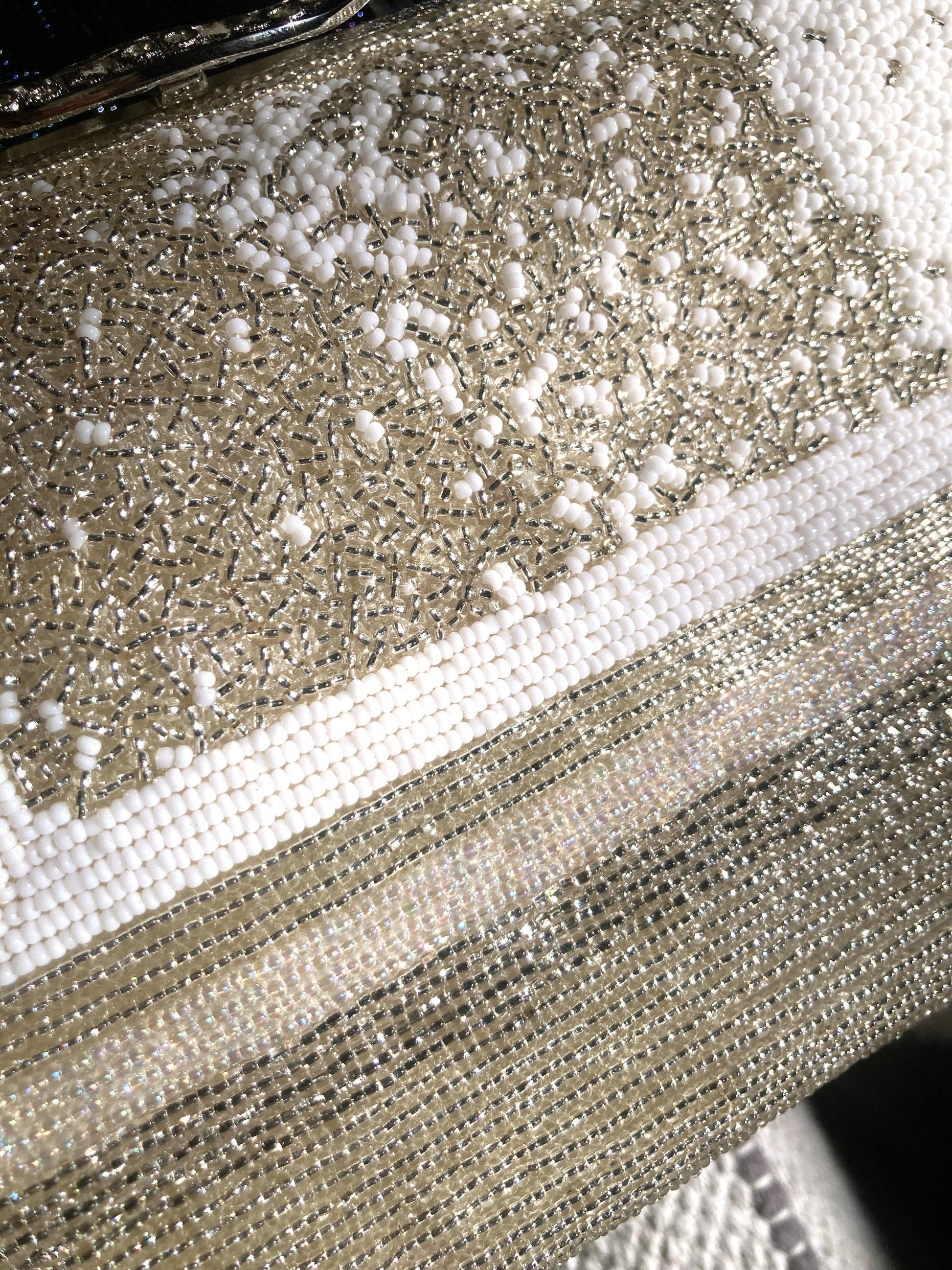 Vintage beaded kimono handbag - 2-way silver and white with rhinestone accents