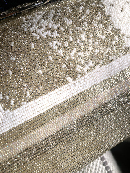 Vintage beaded kimono handbag - 2-way silver and white with rhinestone accents
