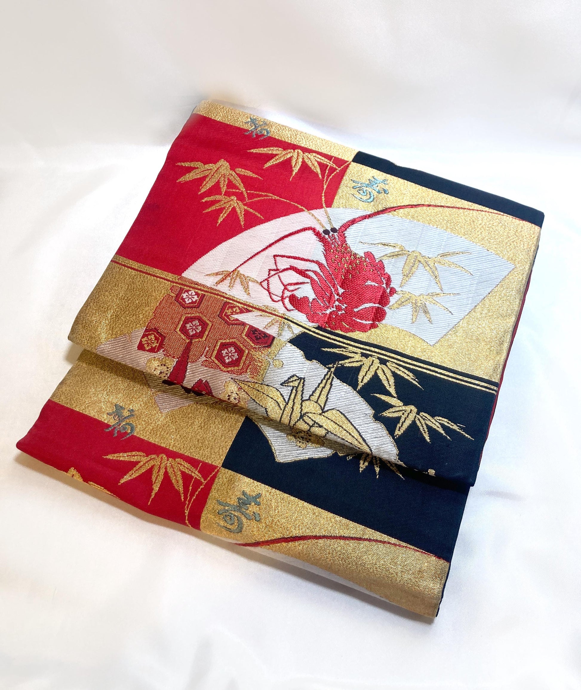 Vintage Nagoya obi - paper cranes and lobsters, gold, red and black checkers (B grade)