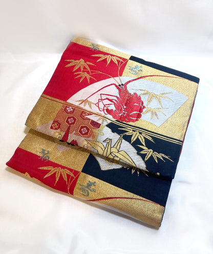 Vintage Nagoya obi - paper cranes and lobsters, gold, red and black checkers (B grade)
