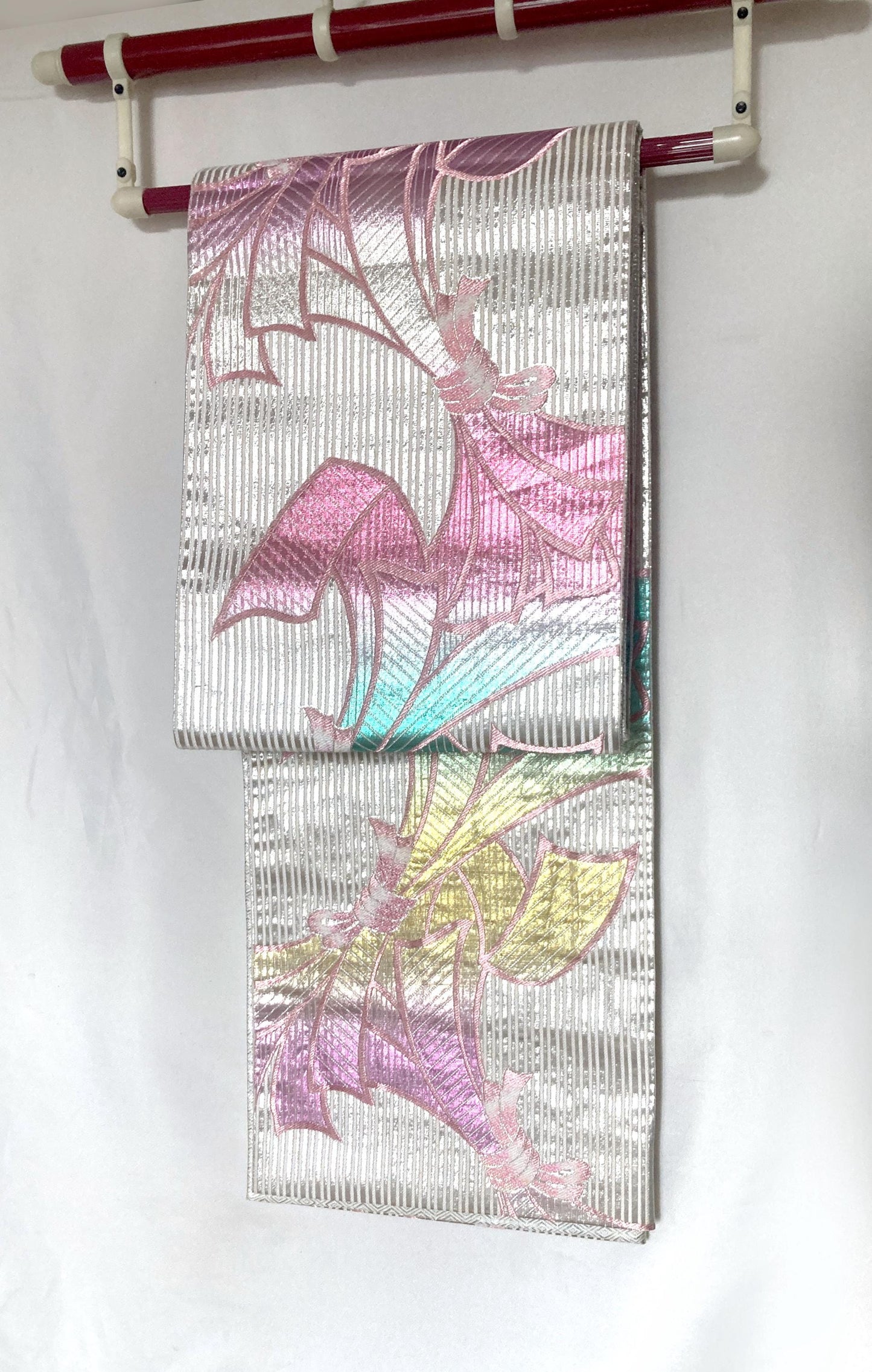 Vintage fukuro obi- silver and rainbow ribbons