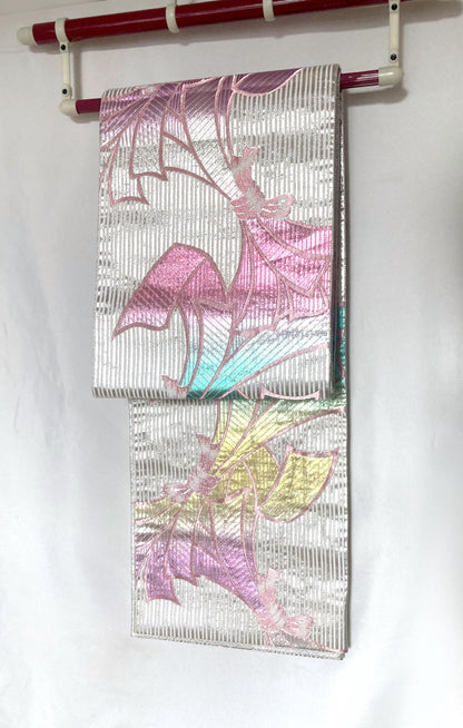 Vintage fukuro obi- silver and rainbow ribbons