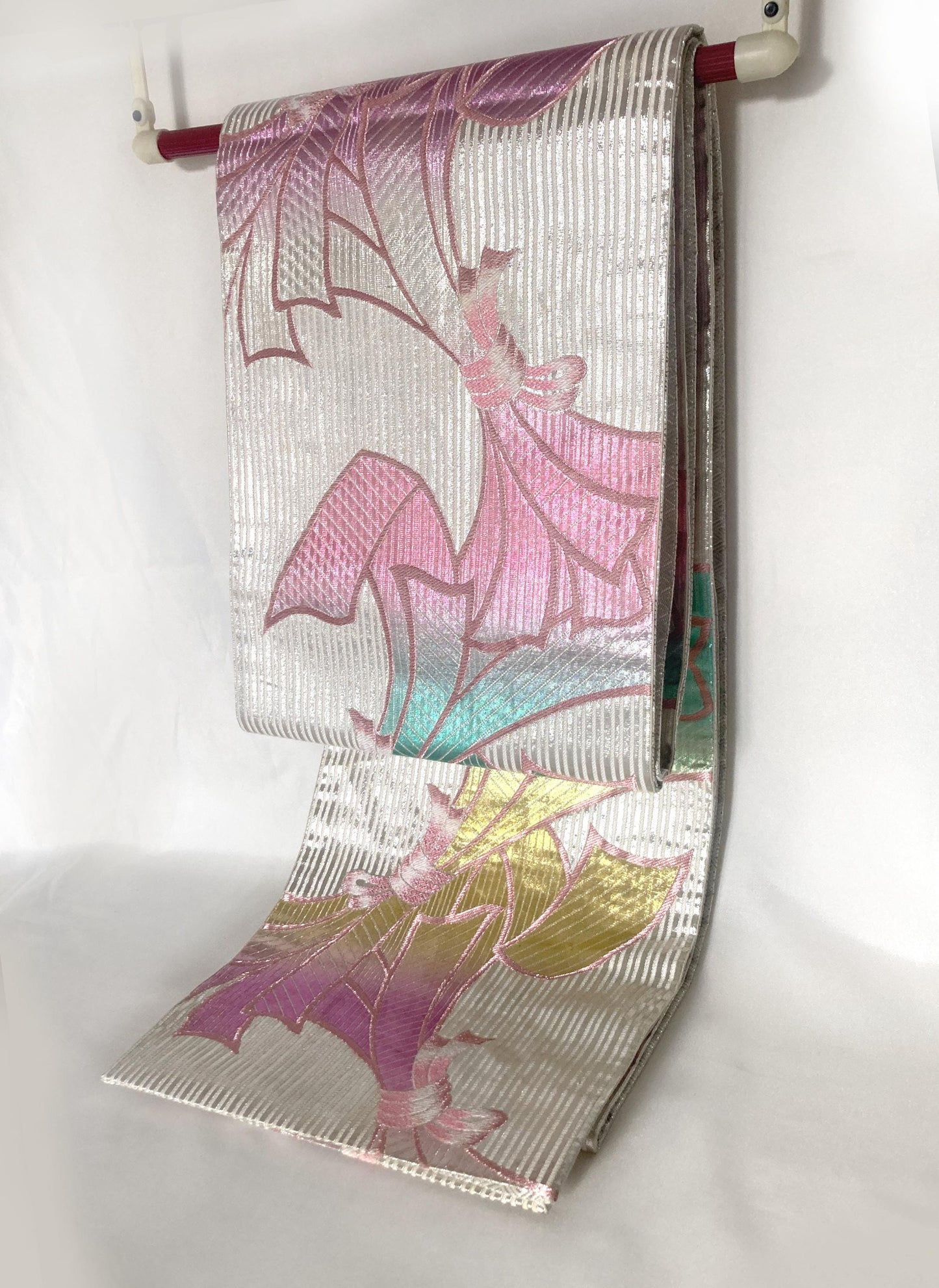 Vintage fukuro obi- silver and rainbow ribbons