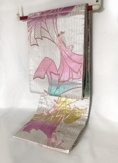 Vintage fukuro obi- silver and rainbow ribbons