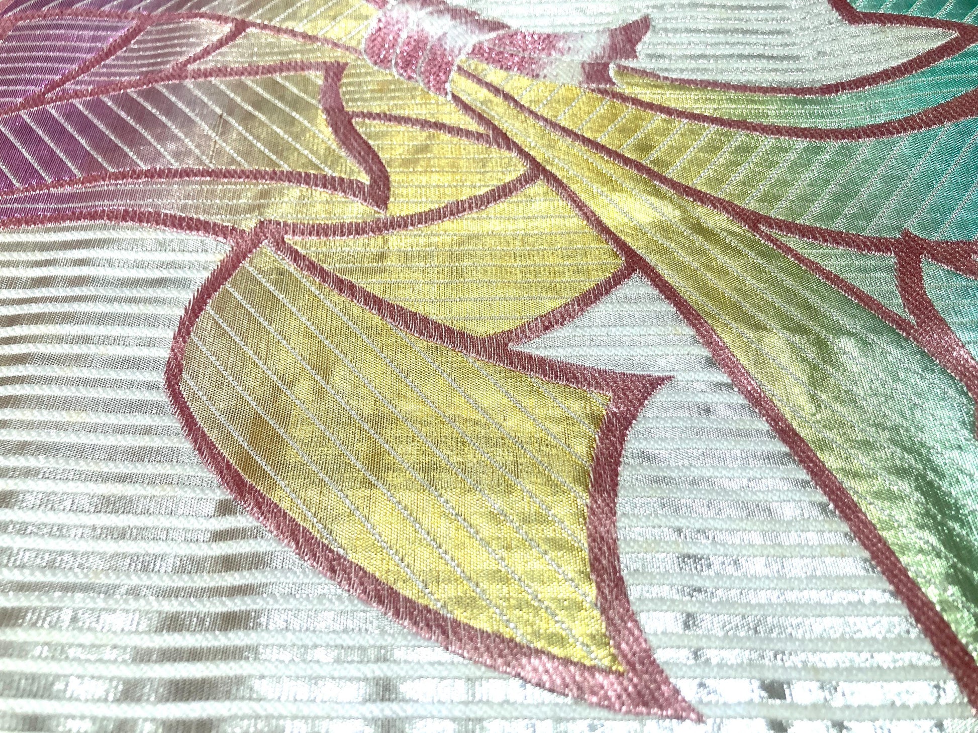 Vintage fukuro obi- silver and rainbow ribbons