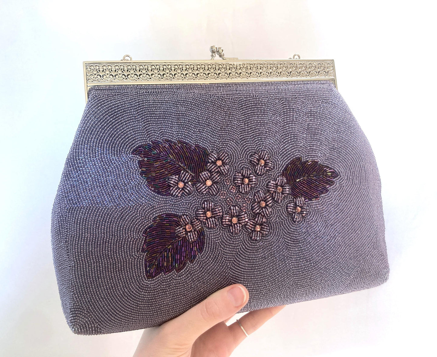 Vintage beaded kimono handbag - purple florals (B grade)
