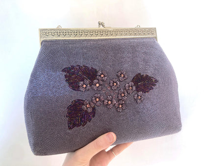 Vintage beaded kimono handbag - purple florals (B grade)