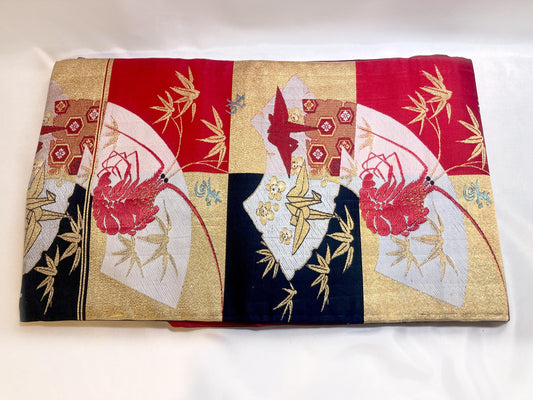 Vintage Nagoya obi - paper cranes and lobsters, gold, red and black checkers (B grade)