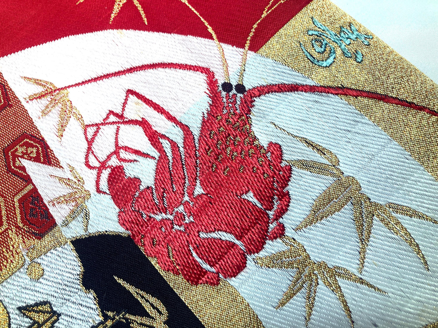 Vintage Nagoya obi - paper cranes and lobsters, gold, red and black checkers (B grade)