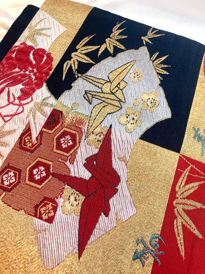 Vintage Nagoya obi - paper cranes and lobsters, gold, red and black checkers (B grade)