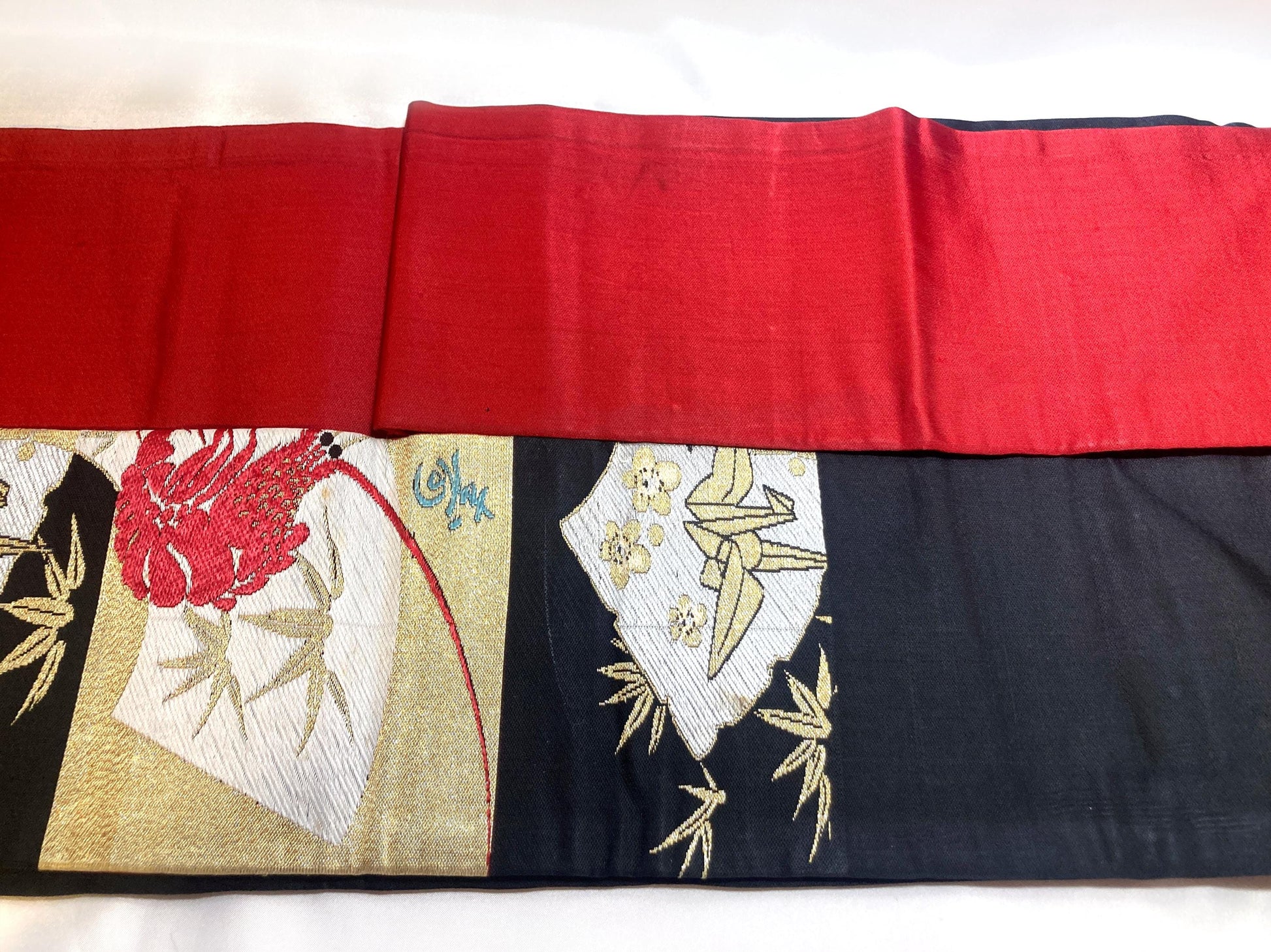 Vintage Nagoya obi - paper cranes and lobsters, gold, red and black checkers (B grade)