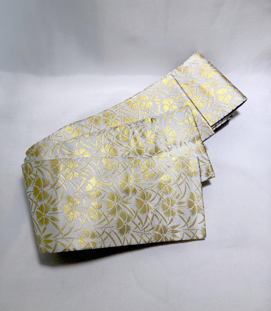 Festive narrow obi - golden and white floral pattern