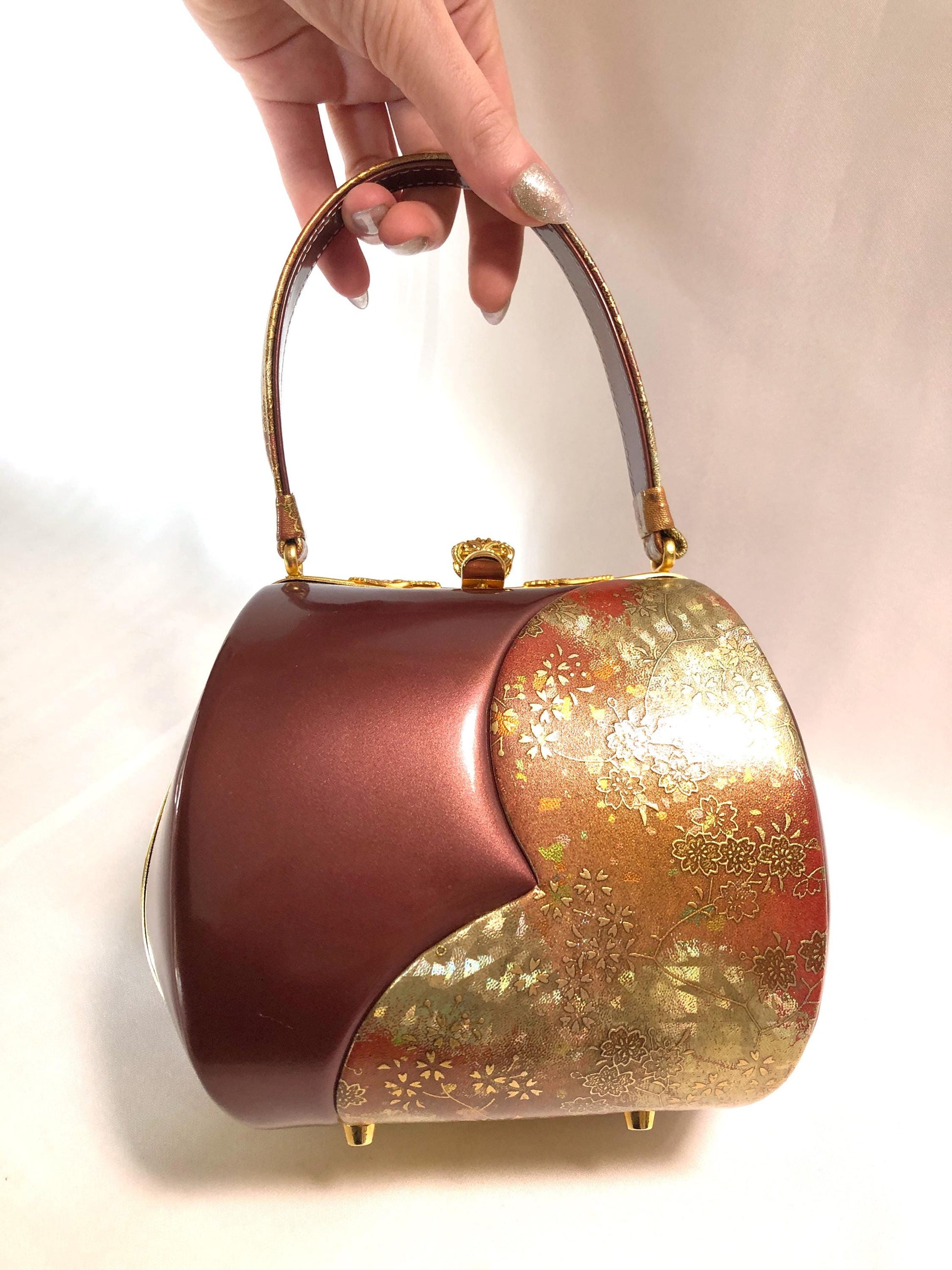 Vintage kimono handbag - red and copper patent leather with sakura pattern