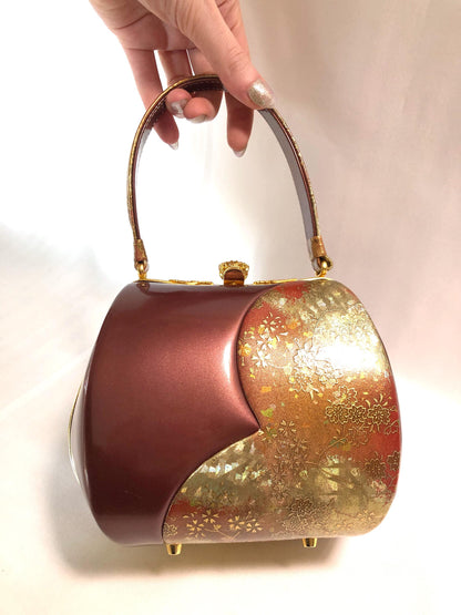 Vintage kimono handbag - red and copper patent leather with sakura pattern