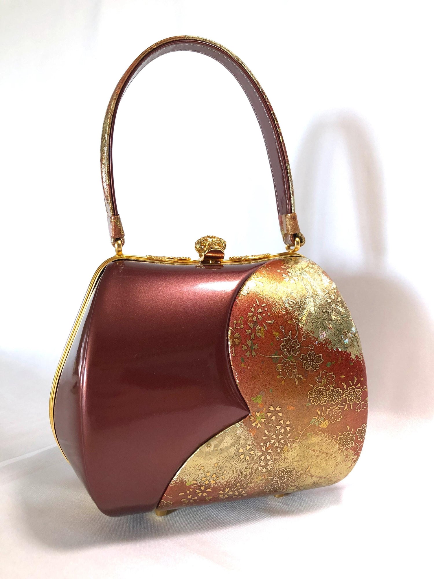 Vintage kimono handbag - red and copper patent leather with sakura pattern