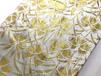 Festive narrow obi - golden and white floral pattern