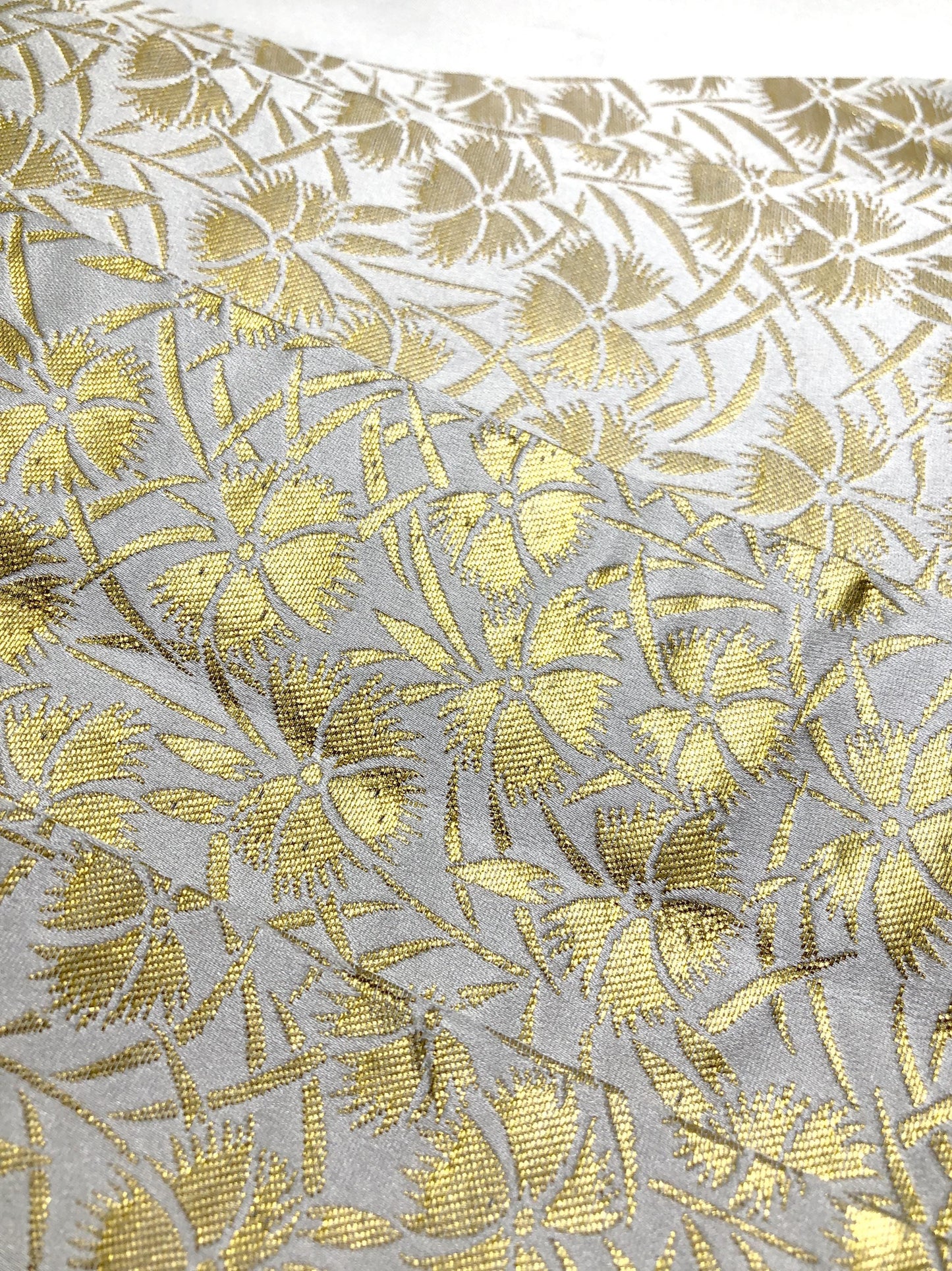 Festive narrow obi - golden and white floral pattern