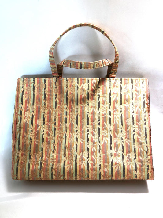 Vintage kimono handbag - colorful stripes with golden foliage - medium size