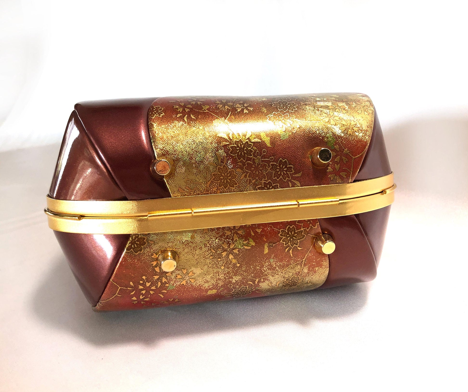 Vintage kimono handbag - red and copper patent leather with sakura pattern