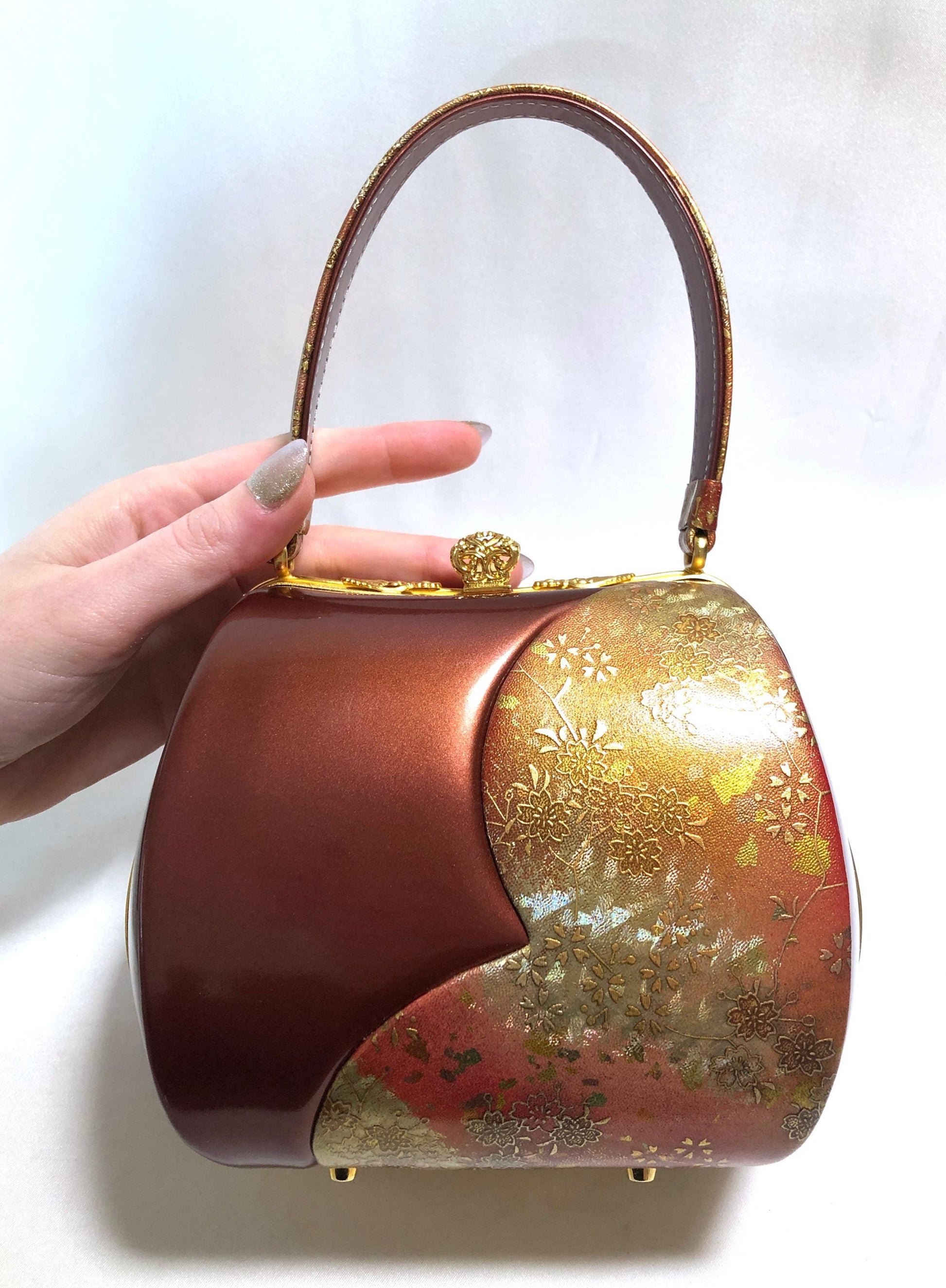 Vintage kimono handbag - red and copper patent leather with sakura pattern