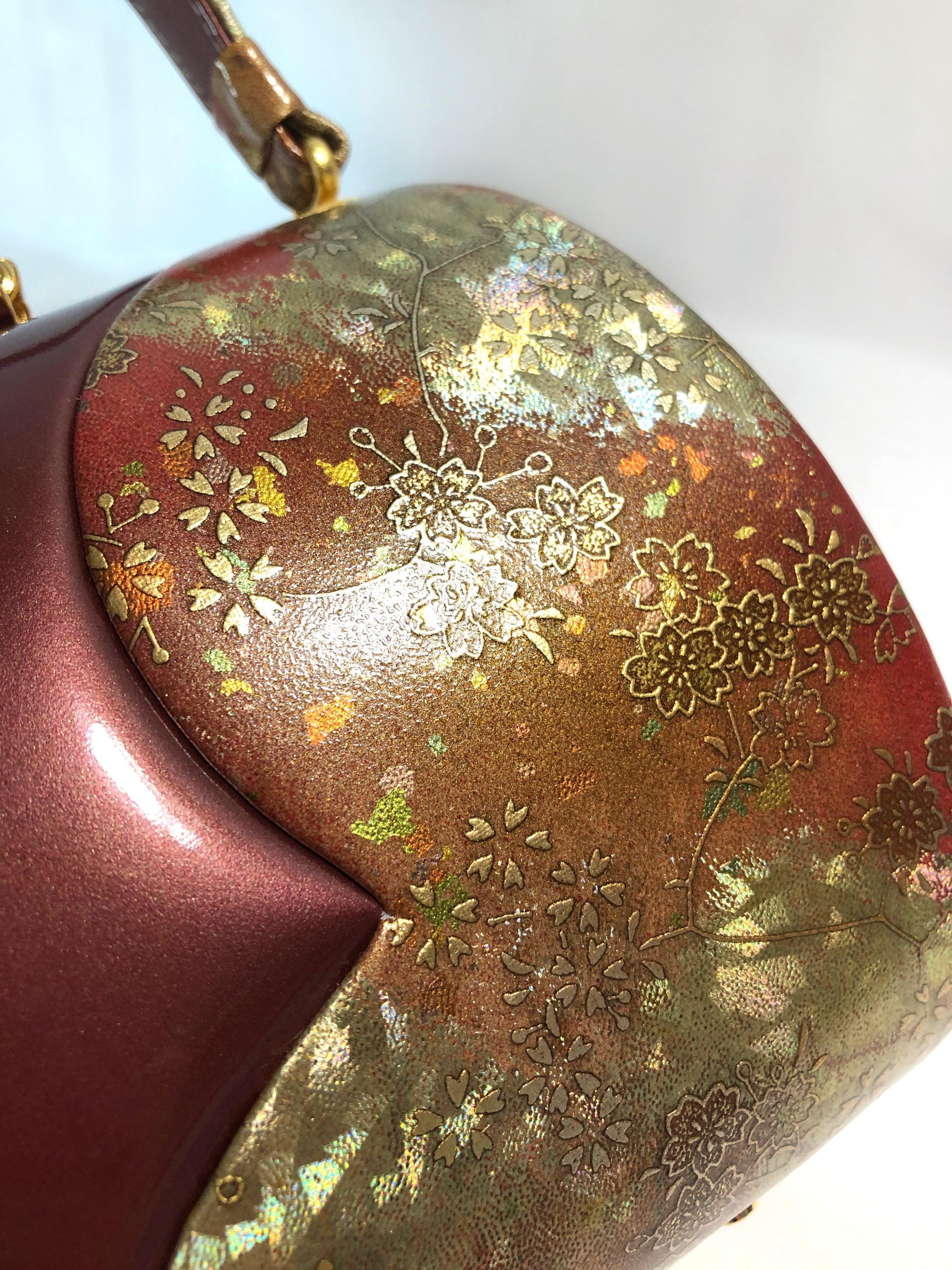 Vintage kimono handbag - red and copper patent leather with sakura pattern
