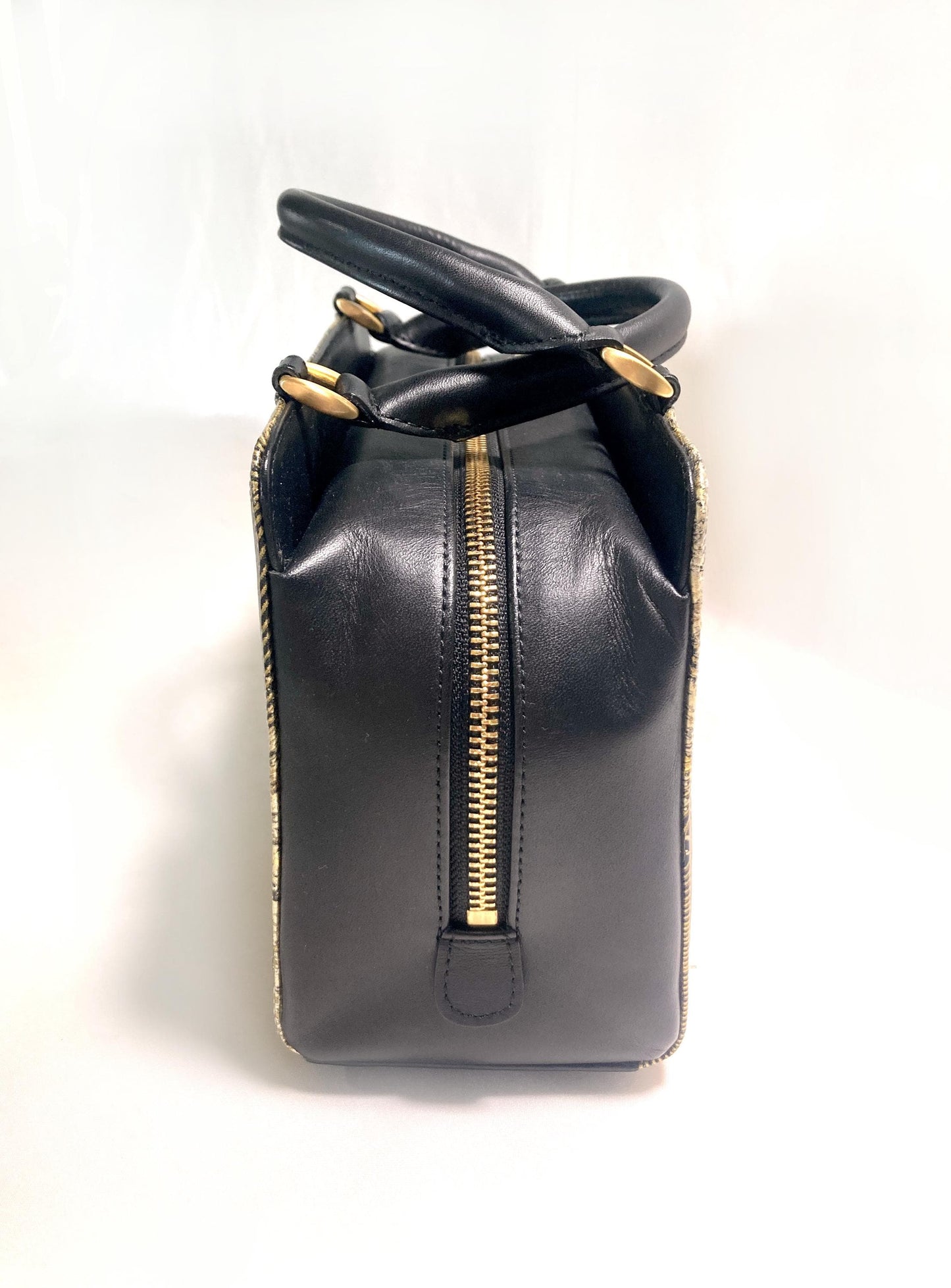 Vintage kimono handbag - synthetic black leather with textured golden cranes pattern