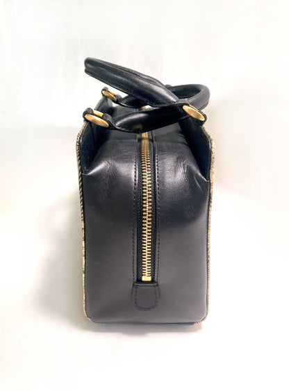 Vintage kimono handbag - synthetic black leather with textured golden cranes pattern