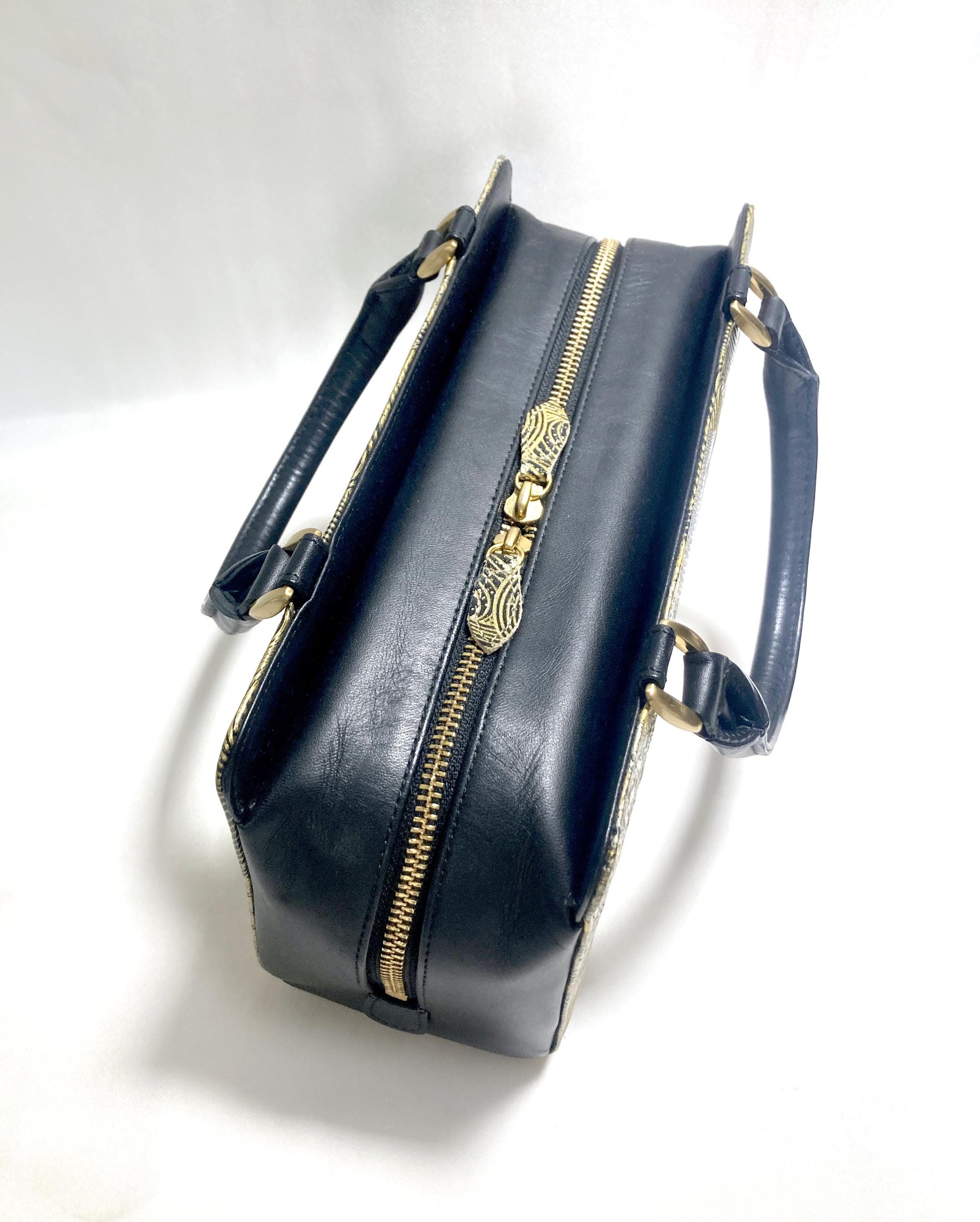 Vintage kimono handbag - synthetic black leather with textured golden cranes pattern