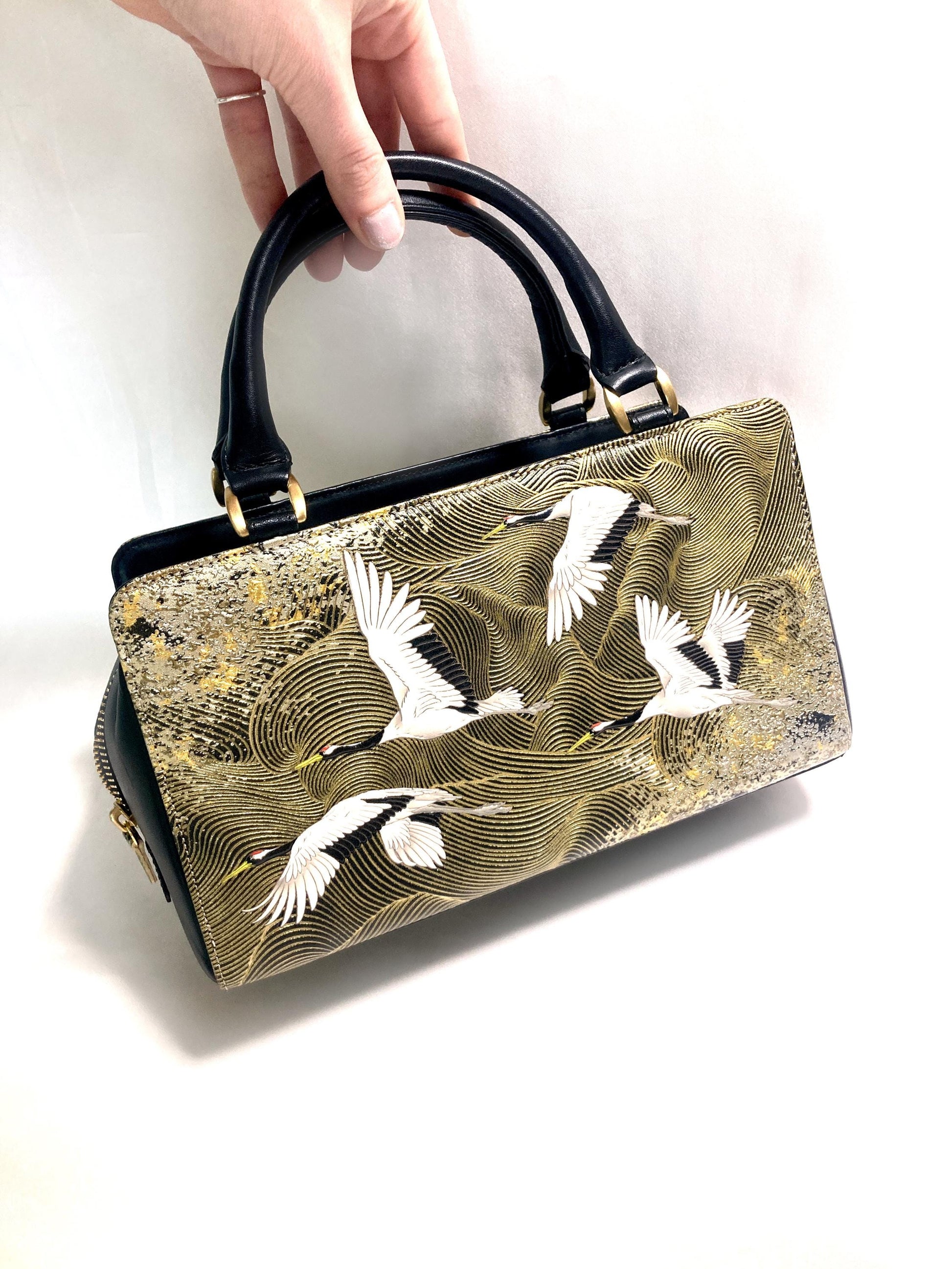 Vintage kimono handbag - synthetic black leather with textured golden cranes pattern
