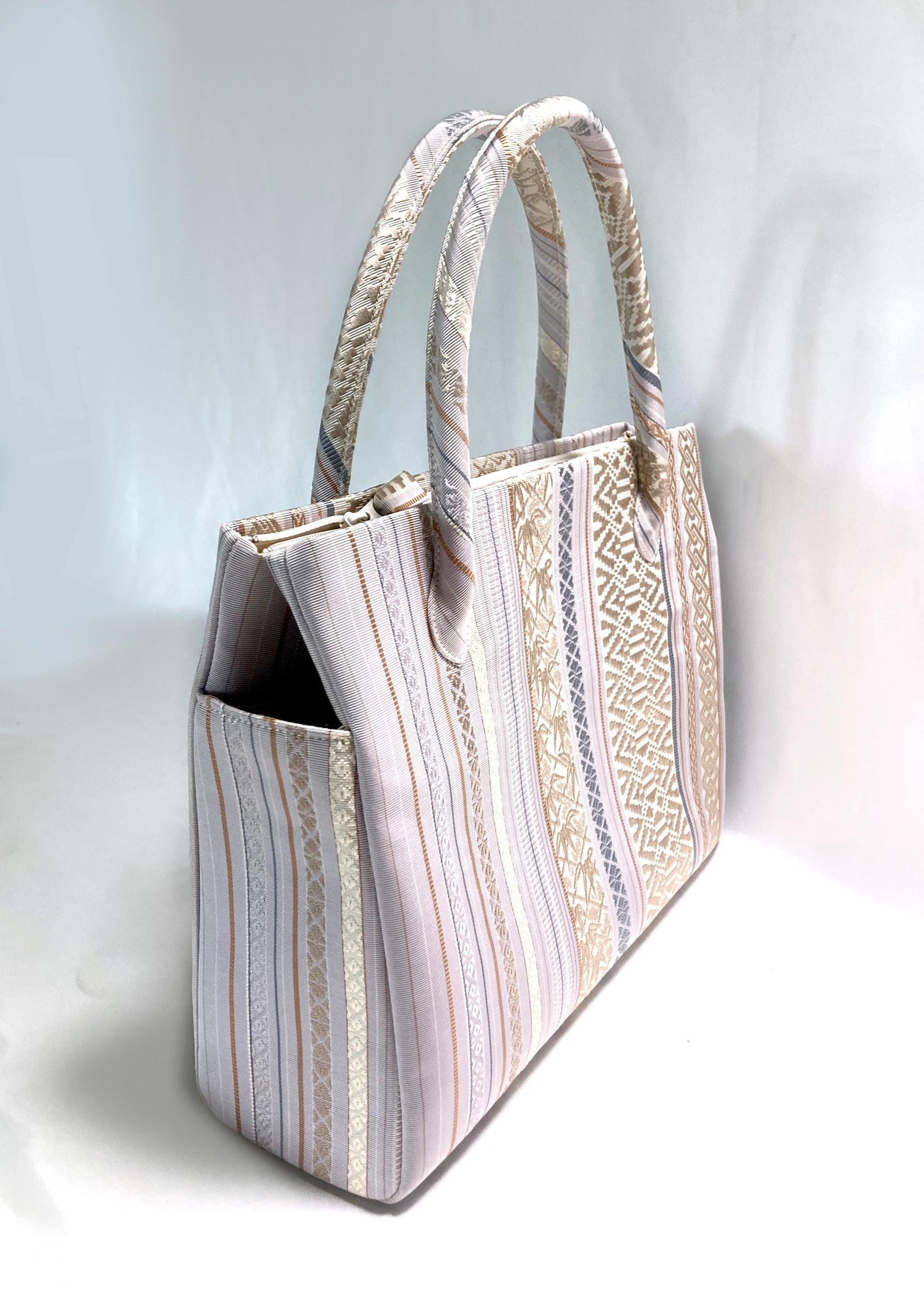 Vintage obi remake handbag - pastel gray stripes - medium size