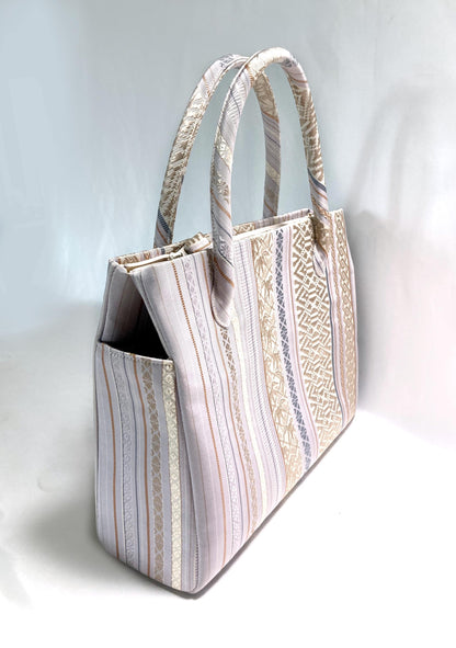 Vintage obi remake handbag - pastel gray stripes - medium size