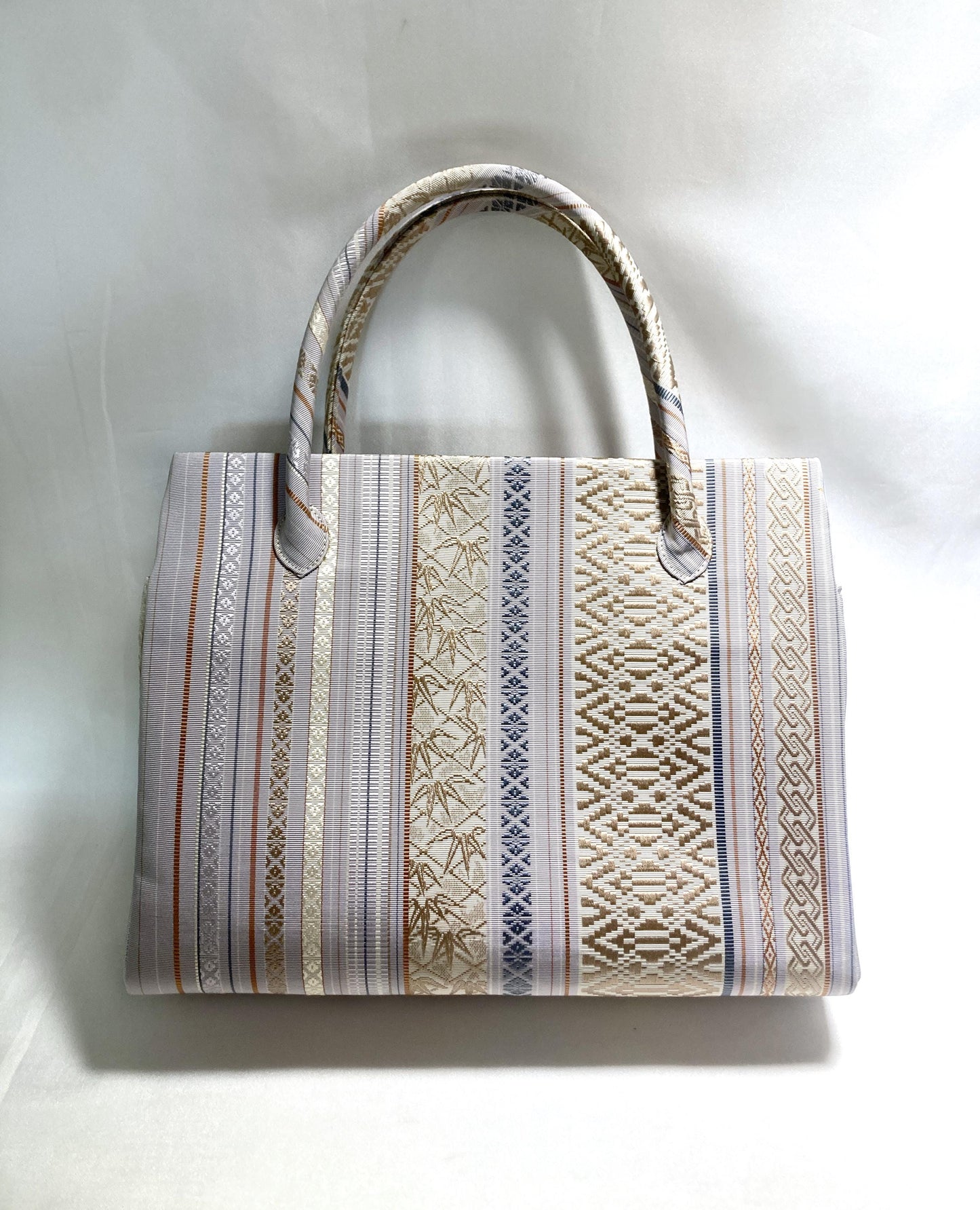 Vintage obi remake handbag - pastel gray stripes - medium size