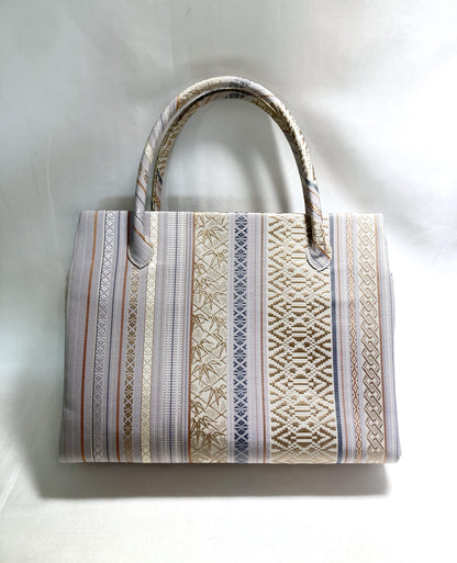 Vintage obi remake handbag - pastel gray stripes - medium size