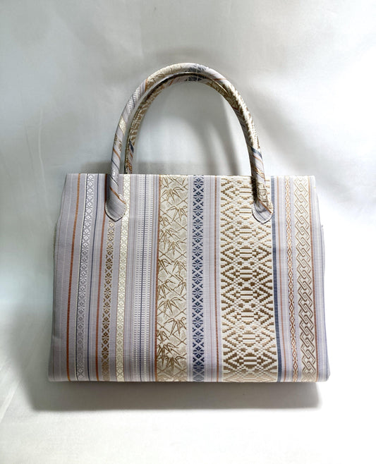 Vintage obi remake handbag - pastel gray stripes - medium size
