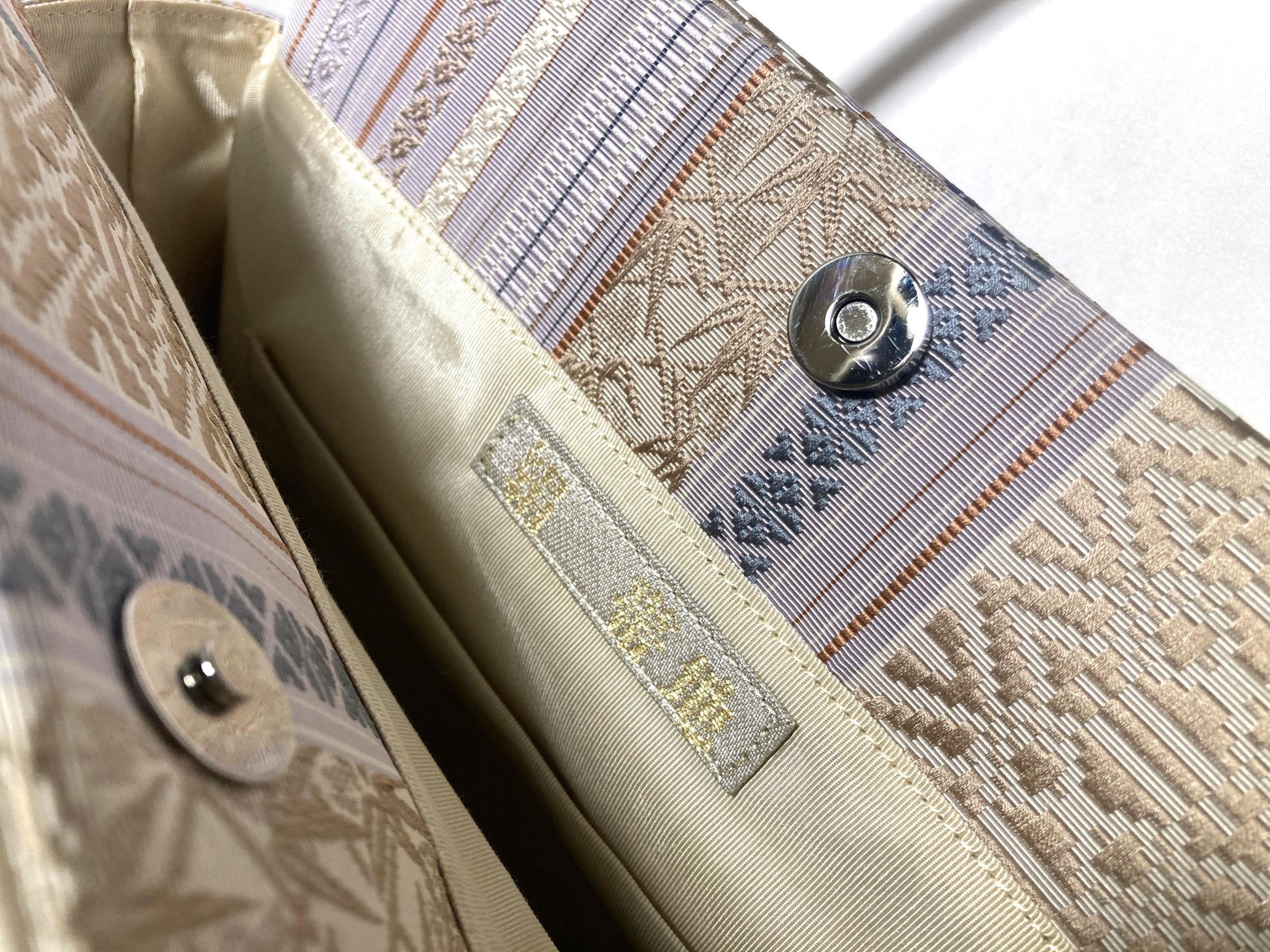Vintage obi remake handbag - pastel gray stripes - medium size