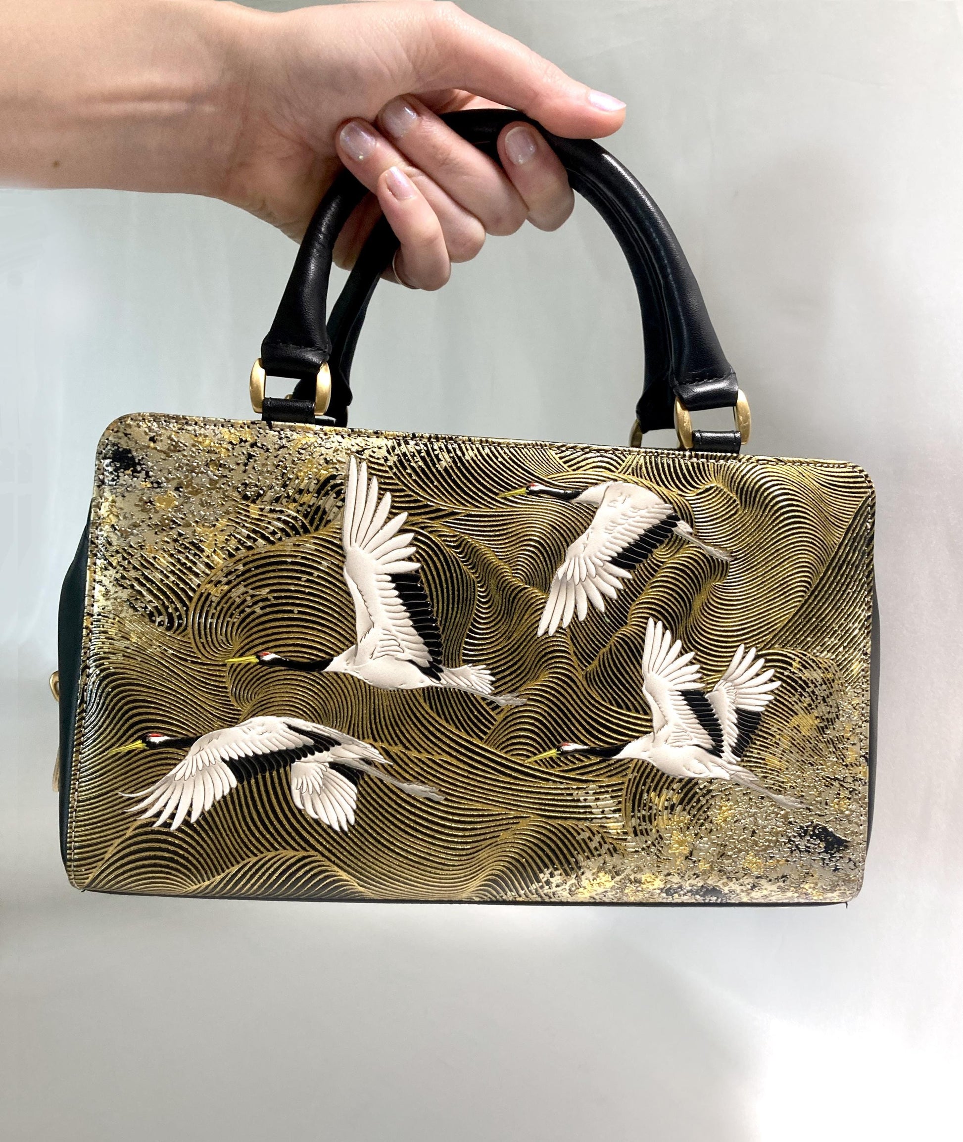 Vintage kimono handbag - synthetic black leather with textured golden cranes pattern