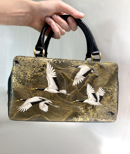 Vintage kimono handbag - synthetic black leather with textured golden cranes pattern