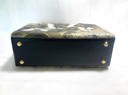 Vintage kimono handbag - synthetic black leather with textured golden cranes pattern