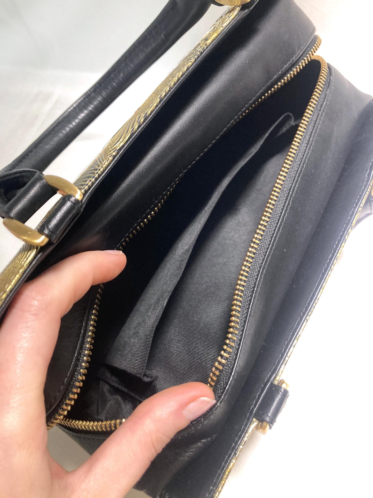 Vintage kimono handbag - synthetic black leather with textured golden cranes pattern