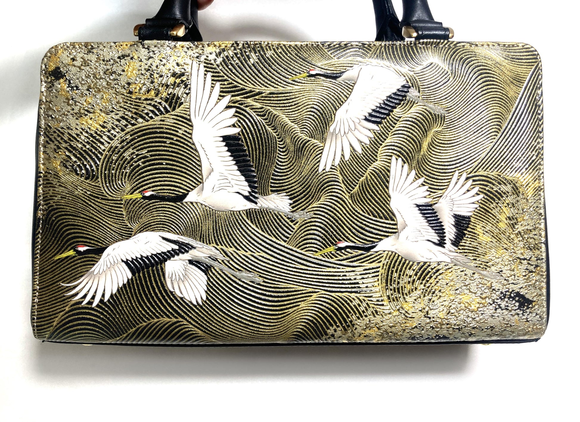 Vintage kimono handbag - synthetic black leather with textured golden cranes pattern